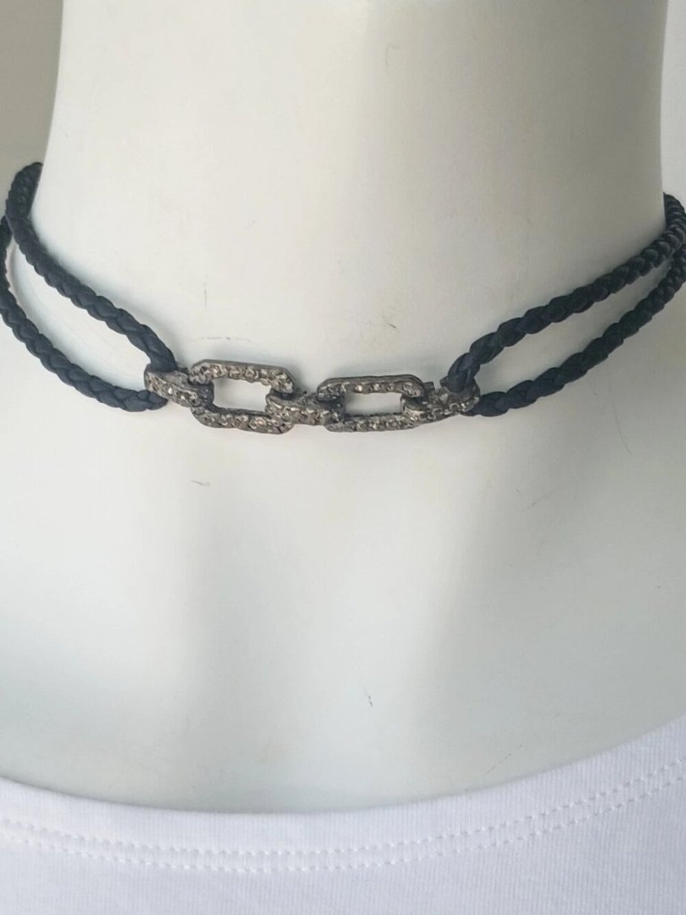 TAT2 Double Link Silver Braided Choker Black Swarovski Crystals